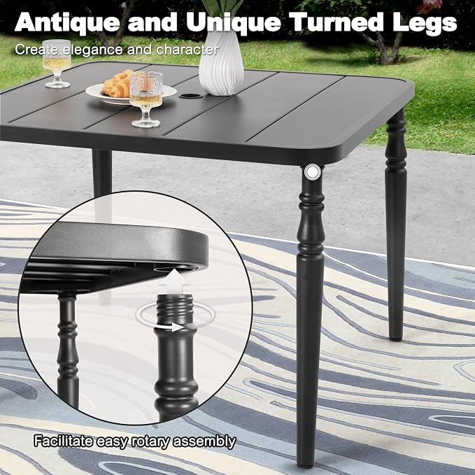 NUU GARDEN Outdoor 37” Dining Table, Square Metal Dining Table with Umbrella Hole, Patio Dining Table with Powder-Coated Frame and Slatted Tabletop, for Garden, Backyard and Balcony, Black