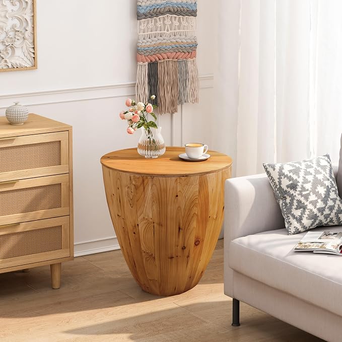 20.87" Vintage Wood Drum Coffee Table, Wood Round Coffee Table with Storage, Drum Side Table End Table Bucket Shaped Coffee Tables Small Center Table for Living Room, No Need Assembly