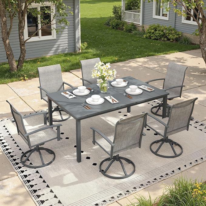 Outdoor Dining Table for 6, 63" Rectangle Outdoor Table with Adjustable Umbrella Hole, All-Weather Metal Patio Dining Table for Lawn Garden Backyard Deck, Dark Grey