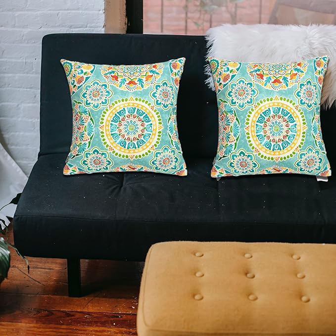 FUNHOME Outdoor Pillow Covers 18x18 Inch Pack of 2, No Insert-Cyan Circle | Square Throw Pillow Covers, Water-Repellent, Modern Pillow Cases for Sofa Patio Couch Decoration