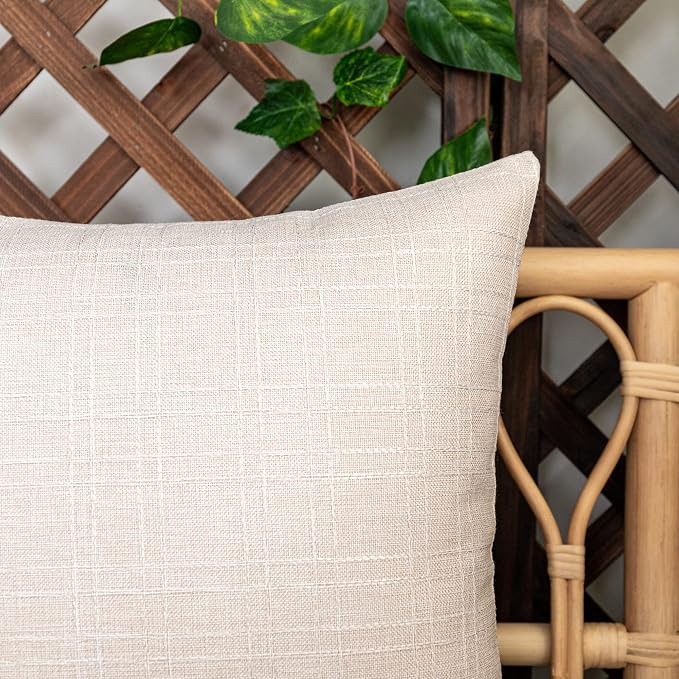 Kevin Textile Outdoor Waterproof 18”x18” Pillow Covers 2 Pack, Light Beige | Water Resistant, Soft Faux Linen-cotton Yarn-dyed Woven Texture Throw Pillow Covers for Tent Patio Garden Couch Sofa