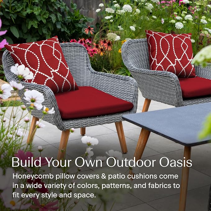 Honeycomb Outdoor Square Toss Pillow Covers, 18 x 18, 2-Pack | Imperial Red Embroidered Slipcovers, Water & Fade Resistant for Patio Furniture Set, Cover Only, No Insert