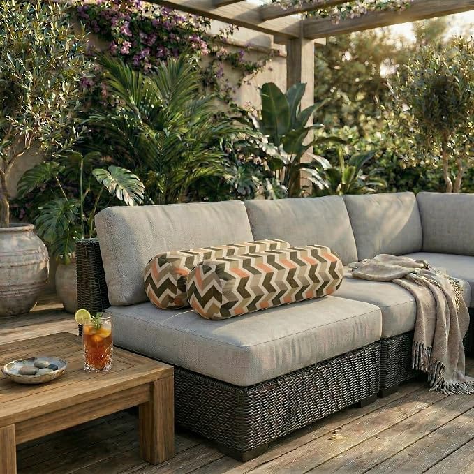 RSH DECOR: Sunbrella Neck Roll Pillows Set of 2 | 20” x 6” | Outdoor Bolster for Patio, Deck, Porch, or Poolside Furniture | Water & Fade-Resistant | Made in USA (Prism Fossil)
