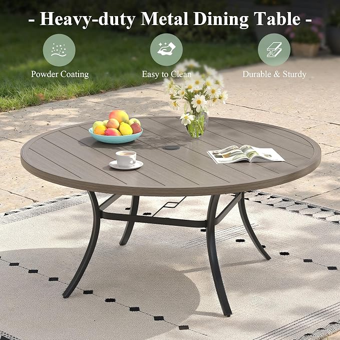 Outdoor Dining Table for 6, 50" Round Outdoor Table with Adjustable Umbrella Hole, All-Weather Metal Patio Dining Table for Lawn Garden Backyard Deck, Grey
