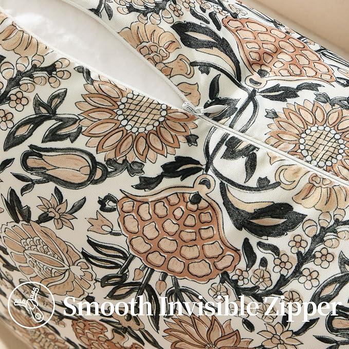 Allorry Outdoor Waterproof Pillow Covers 16x16 Brown Floral Outdoor Decor | Set of 2 Vintage Floral Block Print Pillow Cover,Farmhouse Boho Decorative for Spring Summer Outdoor Sofa Bedroom Decor