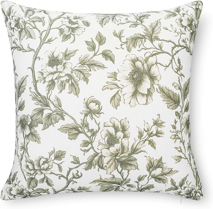 Modern Farmhouse California Casual Indoor Outdoor Throw Pillow Cover, 20"x20" Water Repellent for Patio, Backyard, Couch, Poolside, Oliver Green Print Vintage Chinoiserie Floral