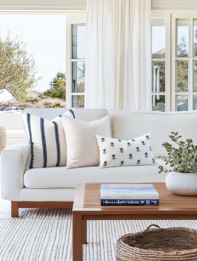 Coastal Linen Indoor Outdoor Throw Pillow Cover Only, 22"x22" Water Repellent for Patio, Backyard, Couch, Neutral Dark Navy Embroidered Stripes