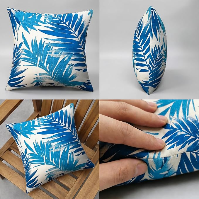 JMGBird Outdoor Pillows Waterproof 18x18 Throw Pillows with Inserts 2pcs | Blue Leaf Pattern UV Fade Resistant Patio Pillows