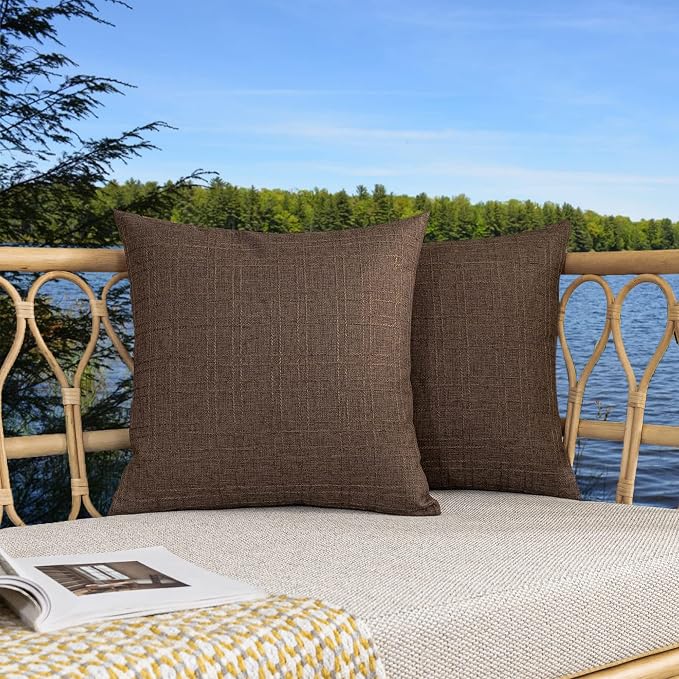Kevin Textile Outdoor Waterproof 24”x24” Pillow Covers 2 Pack, Brown | Water Resistant, Soft Faux Linen-cotton Yarn-dyed Woven Texture Throw Pillow Covers for Tent Patio Garden Couch Sofa