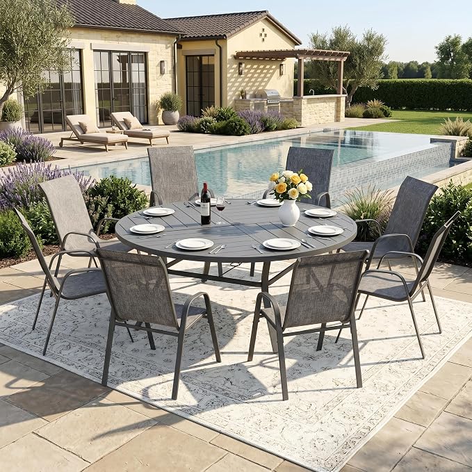 DIFY 9 Piece Outdoor Dining Set, 53" Round Metal Dining Table and Textilene Stackable Patio Chairs, Patio Table and Chairs Set for 8 with Umbrella Hole for Backyard Garden Deck, Grey