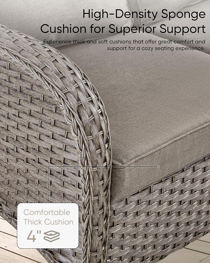 HUMMUH Wicker Patio Furniture Set-All Weather Rattan Patio Sofa Set with Swivel Rocker Chairs Outdoor Conversation Set for Deck Lawn Porch Balcony Poolside-Grey/Grey