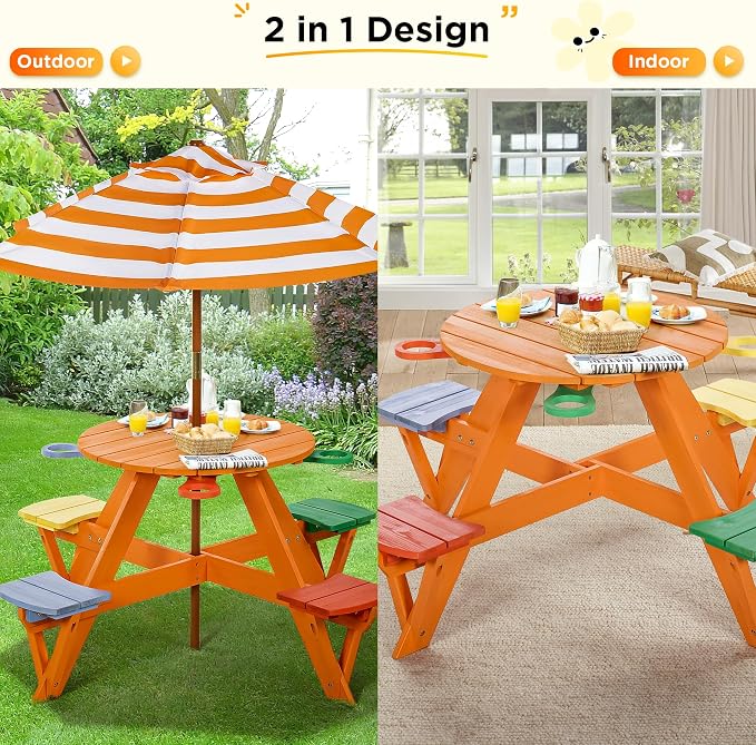 BRINJOY Kids Picnic Table & Stool Set, Outdoor Wood Round Table & 4 Bench, Toddler Picnic Table Set w/Height Adjustable Umbrella, Children Activity Table w/Cup Holders for Patio, Garden, Backyard