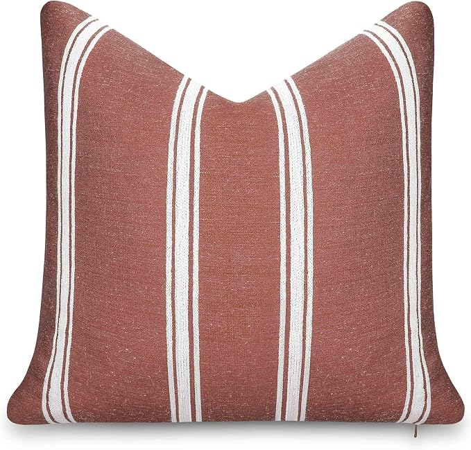 Modern Farmhouse California Casual Indoor Outdoor Throw Pillow Cover, 20"x20" Water Repellent for Patio, Backyard, Couch, Poolside, Rust Orange White Embroidered Stripes