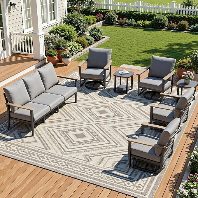Aluminum Outdoor Patio Furniture Set with Swivel Rocking Chair 7-Seat, Patio Conversation Set Sectional Furniture Set with High Backrest & Thickened Cushions for Backyard, Grey