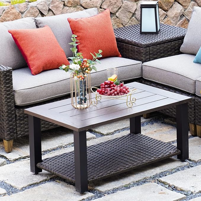 Grand patio Outdoor Coffee Table with Wicker Shelf Storage, 40-inch Rectangle Modern Patio Coffee Table with Faux Wood Tabletop, Fits with Outdoor Conversation Set