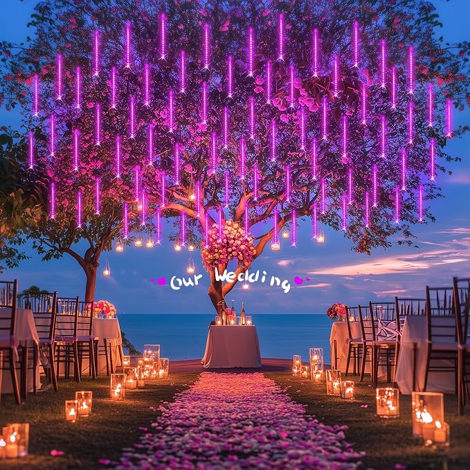 JMEXSUSS Pink Solar Meteor Shower Lights Outdoor, 8 Tube 144 LEDs | Solar Christmas Lights for Tree Eave Holiday Party Patio House Wedding Valentine's Day Decor