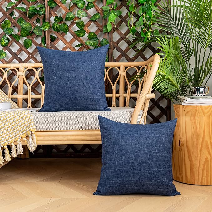 Kevin Textile Outdoor Waterproof 18”x18” Pillow Covers 2 Pack, Blue | Water Resistant, Soft Faux Linen-cotton Yarn-dyed Woven Texture Throw Pillow Covers for Tent Patio Garden Couch Sofa