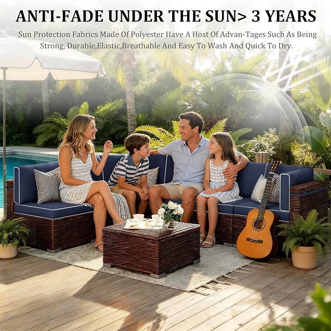 14pc Waterproof Outdoor Couch Cushions for 6Seat Patio NavyBlue+WhitePiping | Water-resistant, UV-resistant,14pc High-Density Foam Replacement Cushions for 6-Seat Outdoor Sectional Furniture