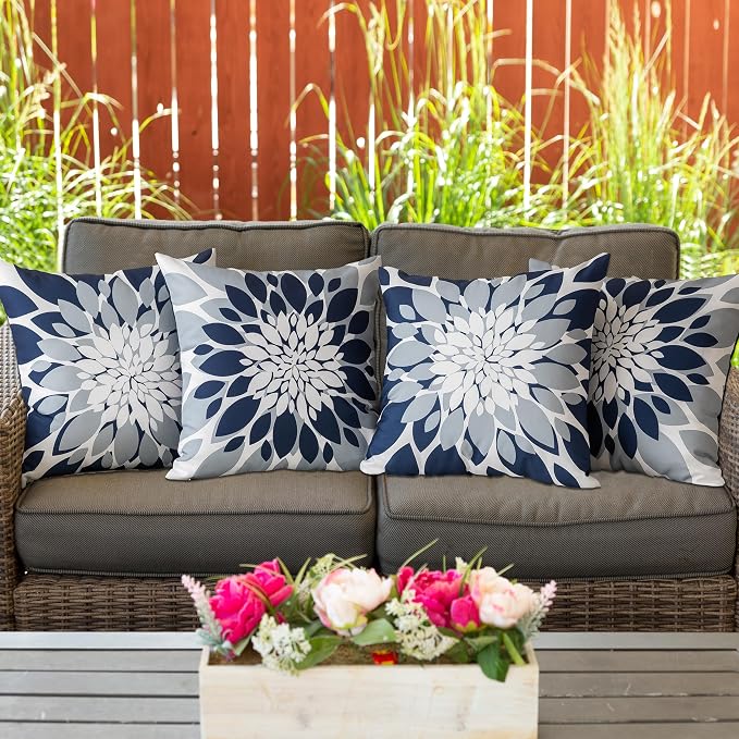 Pack of 4 Outdoor Waterproof Pillow Covers 24x24 Decorative Outdoor Throw Pillows Garden Square Cushion Cases for Patio Furniture, Couch, Tent Sunbrella, Bench, Navy Blue Grey