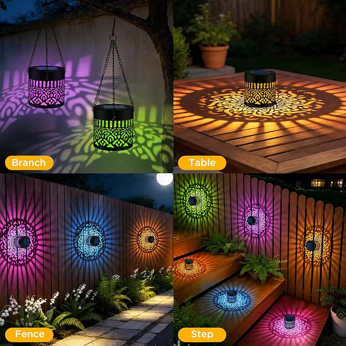 2 Pack Solar Fence Lights Outdoor, Metal Solar Powered Wall Deck Step Light | Mandala Theme, Hanging LED Waterproof Decorative Lighting for Garden Patio Backyard Post Decor, 7 Colors