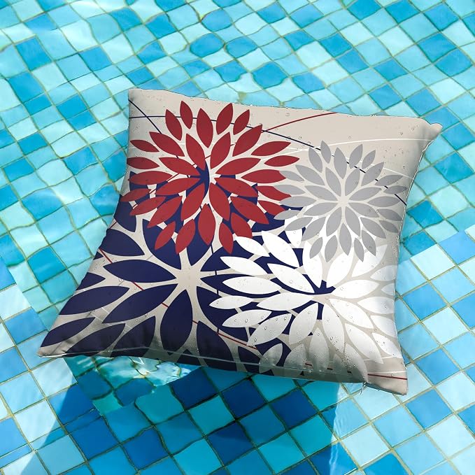 DFXSZ Pack of 2 Outdoor Waterproof Throw Pillow Covers 16x16 Red Blue | Polyester Spring Summer 4TH Of July Floral Decorative Cushion Cases(NO INSERT),For Couch Patio Funiture Garden Home Decor