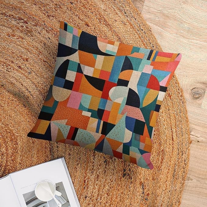 Pillowcase Colorful Fun Aesthetic Mid Century Modern Gomestry Decorative Pillow Cover Summer Orange Rust Colorful Multicolor Cooling Pillowcase 20"x20" Cushion Case for Sofa Couch