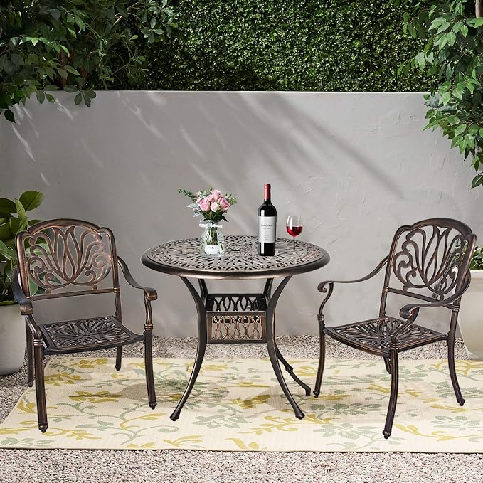 Grepatio 35.4" Patio Dining Table, Cast Aluminum Bistro Table with Umbrella Hole Outdoor Round Conversation Table, Antique Bronze