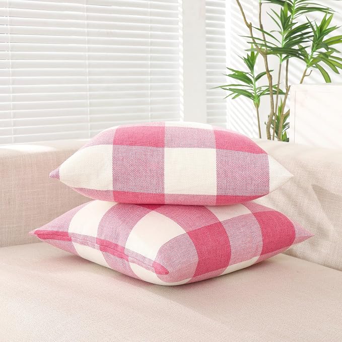 CARRIE HOME Pink Buffalo Plaid Couch Pillow Covers 18x18 Set of 2 Outdoor Hot Pink Decorative Farmhouse Checkered Linen Throw Pillow Covers 18 x 18 for Bed Room Couch Patio and Yard