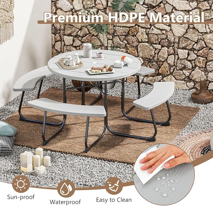 Round Picnic Table for 8 Person, Outside Table Bench Set w/ 4 Built-in Benches, Umbrella Hole, HDPE Top & Metal Frame, 2000LBS Capacity Outdoor Picnic Table for Garden, Porch, Patio (Grey)