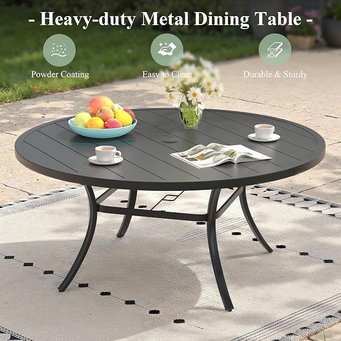 Outdoor Dining Table for 8, 53" Round Outdoor Table with Adjustable Umbrella Hole, All-Weather Metal Patio Dining Table for Lawn Garden Backyard Deck, Black