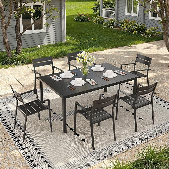 Patio Dining Set for 6, 63" Outdoor Dining Table and Chairs Set with Stackable Patio Chairs Outdoor Furniture for Garden Deck Backyard, Black Table and Black Chairs