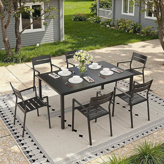 Patio Dining Set for 6, 63" Outdoor Dining Table and Chairs Set with Stackable Patio Chairs Outdoor Furniture for Garden Deck Backyard, Black Table and Black Chairs