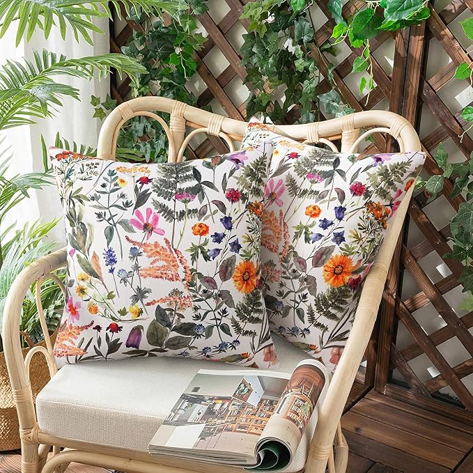 Merrycolor Pack of 2 Outdoor Waterproof Throw Pillow Covers 18x18 Summer Floral Decorative Square Pillowcase Outdoor Pillow Covers for Patio Furniture Garden