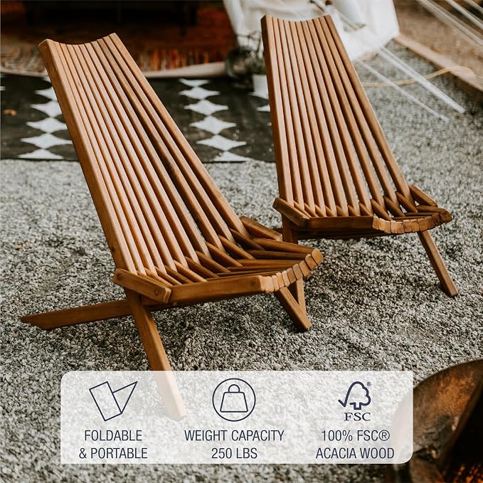 CleverMade Tamarack Folding Wooden Outdoor Chair -Stylish Low Profile Acacia Wood Lounge Chair for the Patio, Porch, Lawn, Garden or Home Furniture - Cinnamon