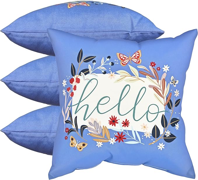18" Outdoor Throw Pillows Set of 4, Waterproof & Fade Resistant Patio Furniture Pillows with Built-in Inserts, All-in-One Blue Hello Print Design for Sofa, Patio or Backyard Relaxation