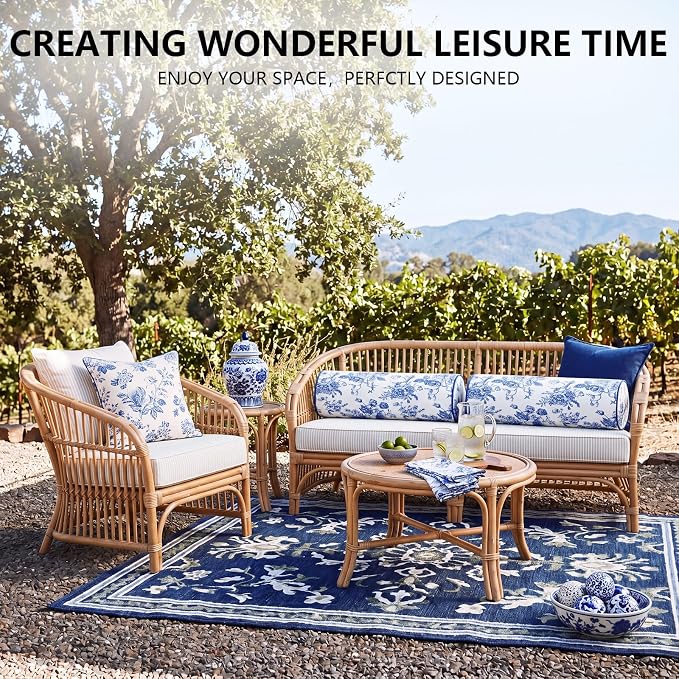 Set of 2 Blue Floral Outdoor Bolster Pillows with Inserts, 6 x 20 Inch, Blue White Chinoiserie, Water Repellent Throw Pillow Patio Neck Waist Cushion for Backyard Bed Couch Sofa Poolside
