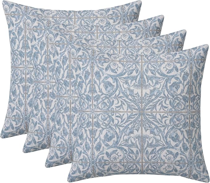 RSH DECOR: Sunbrella Square Throw Pillows Set of 4 | 20" x 20" | Water and Fade-Resistant Performance Fabric | Outdoor Pillow Covers with Down-Alternative Inserts | Made in USA (Provincial Azure)