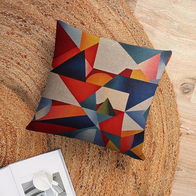 Sofa Pillow Covers Colorful Fun Aesthetic Mid Century Modern Gomestry Pillow Protector 18"x18" Hand Drawn Striped Watercolor Brush Dye Linen Cushion Case Decorative Outdoor Pillow Case