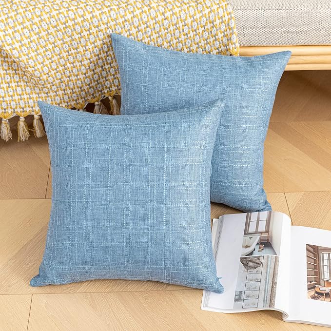Kevin Textile Outdoor Waterproof 18”x18” Pillow Covers 2 Pack, Light Blue | Water Resistant, Soft Faux Linen-cotton Yarn-dyed Woven Texture Throw Pillow Covers for Tent Patio Garden Couch Sofa