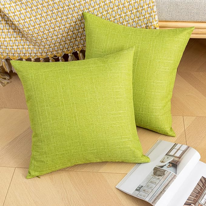 Kevin Textile Outdoor Waterproof 24”x24” Pillow Covers 2 Pack, Green | Water Resistant, Soft Faux Linen-cotton Yarn-dyed Woven Texture Throw Pillow Covers for Tent Patio Garden Couch Sofa