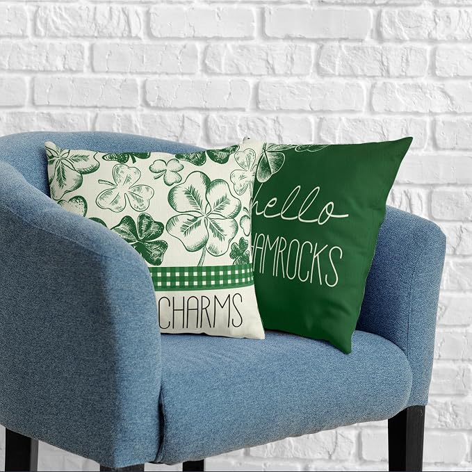 St Patricks Day Hello Shamrocks Pillow Covers 20x20 Green Lucky Charm Cushion Case Clover Hat Cotton Linen Pillowcase for Living Room March Holiday Decor Set of 2