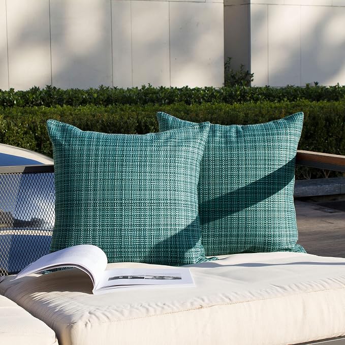 Kevin Textile Outdoor Waterproof 18x18 Inch Pillow Covers 2 Pack, Teal | Water Resistant, Faux Linen Yarn-dyed, Woven Texture Throw Pillow Covers for Tent Patio Garden Couch Sofa