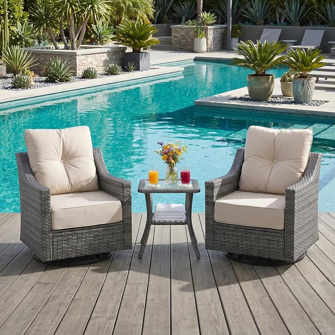 3 Pieces Patio Furniture Set with 6" Thick Cushions, All Weather Outdoor Wicker Swivel Rocker Chairs Set of 2 with Table for Porch Yard Deck