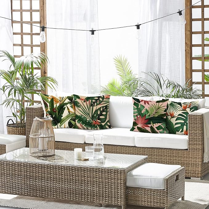 Bonhause Tropical Leaves Throw Pillow Covers 18x18 Set of 4 Green Palm Leaf Monstera Botanical Pillows Case Polyester Linen Cushion Covers for Outdoor Couch Sofa Patio Decor