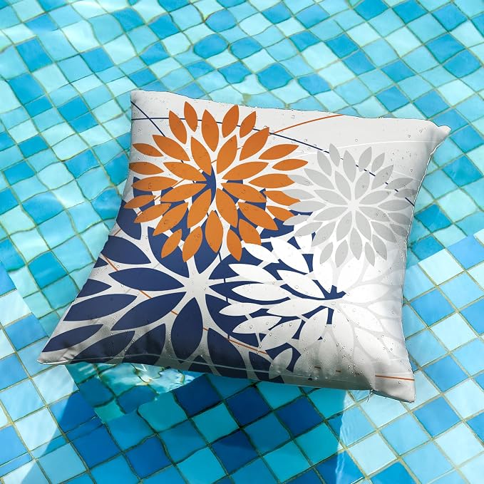 DFXSZ Pack of 2 Outdoor Waterproof Throw Pillow Covers 18x18 Orange Blue | Polyester Spring Summer Fall Floral Decorative Cushion Cases(NO INSERT),For Couch Patio Funiture Garden Home Decor