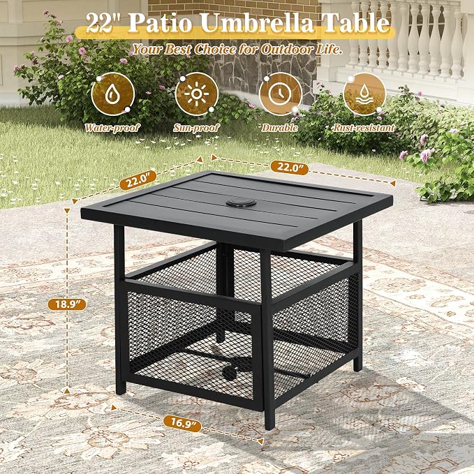 Crownland Outdoor Bistro Patio Square Side Table with 1.57 inches Umbrella Hole for Garden, Swimming Pool, Backyard, Black