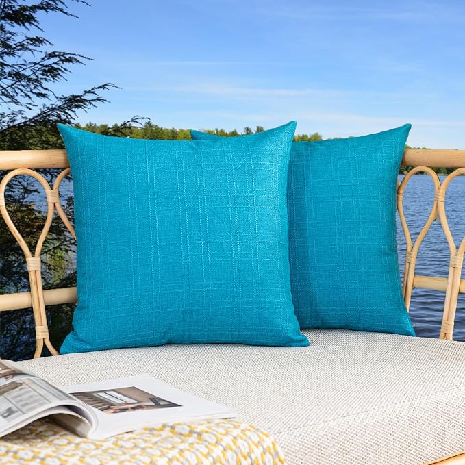 Kevin Textile Outdoor Waterproof 16”x16” Pillow Covers 2 Pack, Peacock Blue | Water Resistant, Soft Faux Linen-cotton Yarn-dyed Woven Texture Throw Pillow Covers for Tent Patio Garden Couch Sofa