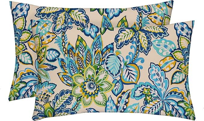 RSH DECOR: Lumbar Throw Pillows Set of 2 | 20” x 12" | All-Weather Spun Fabric | Water and Fade-Resistant | Outdoor Support Pillows for Patio Furniture | Copeland Caribe Blue Floral