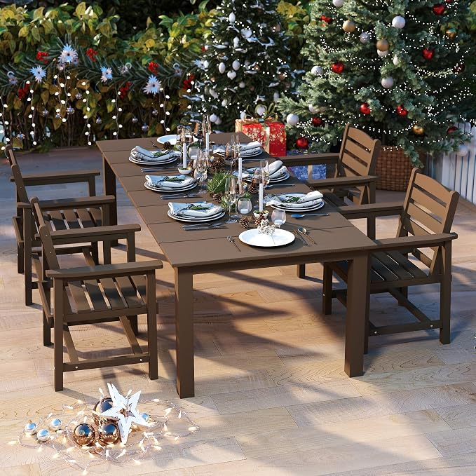 HDPE 5-Piece Outdoor Dining Set with 15FT Umbrella, Brown | All-Weather Patio Table and Chairs for 4, Fade-Resistant Patio Furniture Dining Set for Lawn, Garden, Deck, Backyard