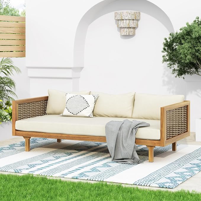 Merax Outdoor Acacia Wood Conversation Set - Patio 3-Seat Loveseat Sofa w/Coushion and Round Coffee Table for Backyard, Lawn, Balcony, Teak+Beige